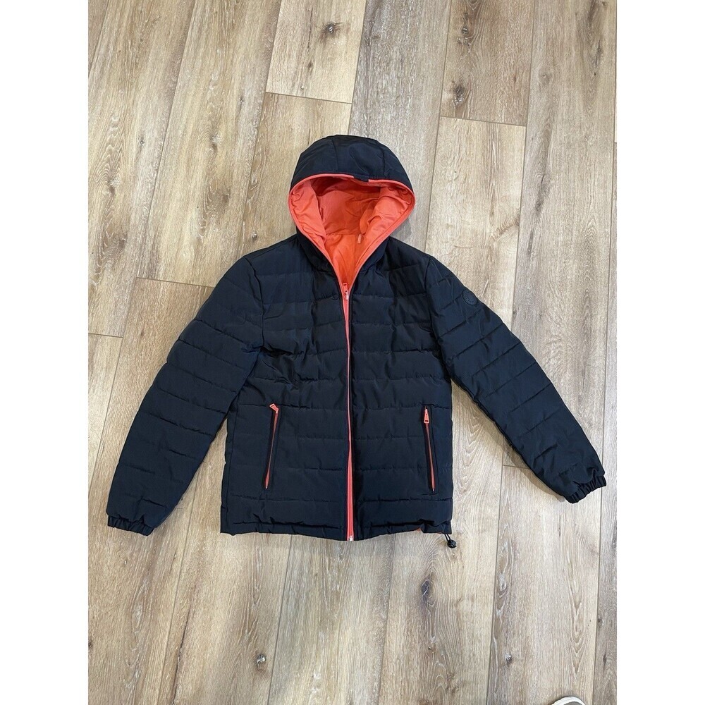 Cole Haan Black Puffer Coat Women's M Long Hooded Black Signature Full Zipper